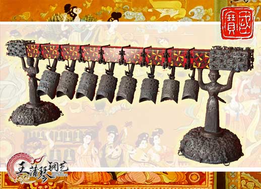 8件古編鐘，銅人銅座裝飾，可發(fā)音